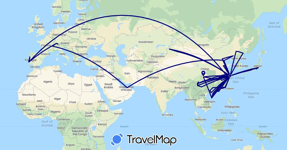 TravelMap itinerary: driving in United Arab Emirates, Switzerland, China, France, Liechtenstein, Portugal (Asia, Europe)